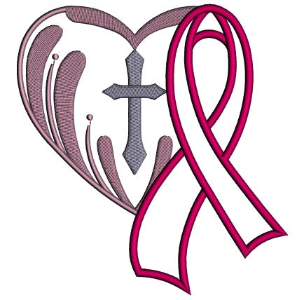 Breast Cancer Awareness Ribbon With A Cross Inside a Heart Applique Machine Embroidery Design Digitized Pattern