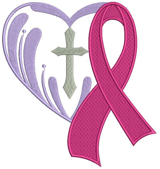 Breast Cancer Awareness Ribbon With A Cross Inside a Heart Filled Machine Embroidery Design Digitized Pattern