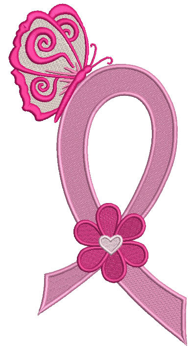 Breast Cancer Awareness Ribbon With Butterfly and Flower Filled Machine Embroidery Design Digitized Pattern