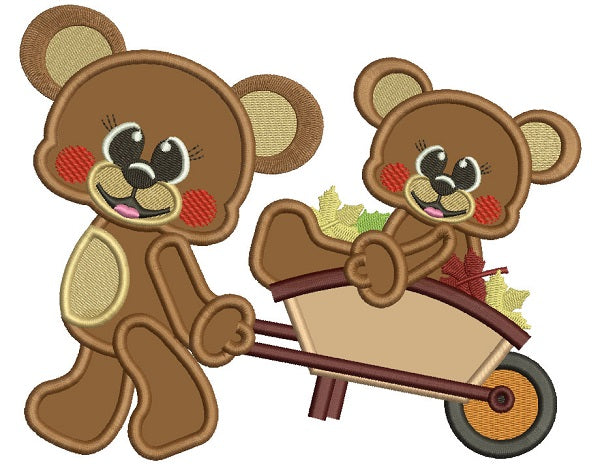 Brother Bear Pulling Baby Bear Autumn Applique Machine Embroidery Design Digitized Pattern