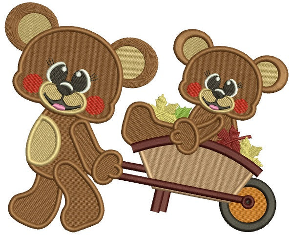 Brother Bear Pulling Baby Bear Autumn Filled Machine Embroidery Design Digitized Pattern