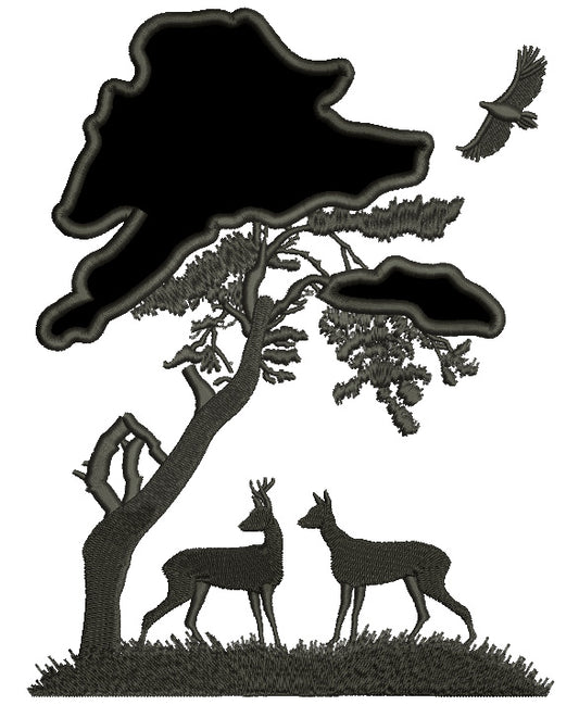 Buck and a Doe Under a Big Tree Hunting Applique Machine Embroidery Digitized Design Pattern