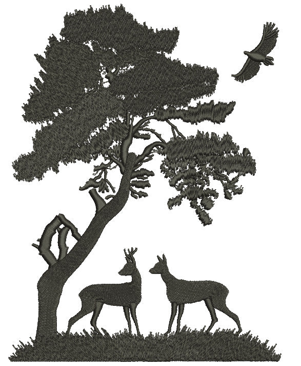Buck and a Doe Under a Big Tree Hunting Filled Machine Embroidery Digitized Design Pattern