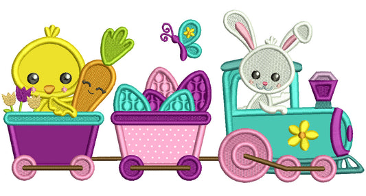 Bunny And Little Chick Riding Train Easter Applique Machine Embroidery Design Digitized Pattern