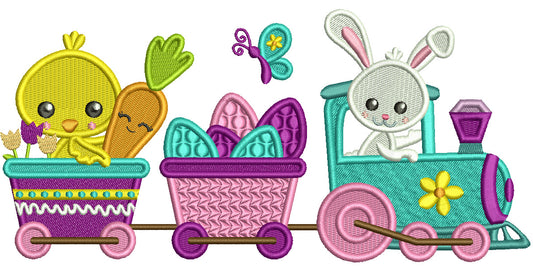 Bunny And Little Chick Riding Train Easter Filled Machine Embroidery Design Digitized Pattern