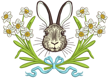 Bunny And White Daffodils Easter Applique Machine Embroidery Design Digitized Pattern