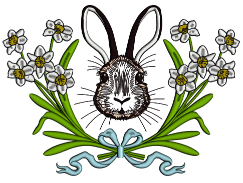 Bunny And White Daffodils Easter Applique Machine Embroidery Design Digitized Pattern