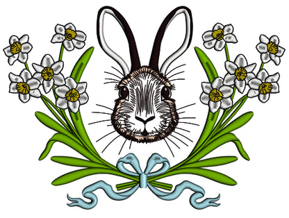 Bunny And White Daffodils Easter Applique Machine Embroidery Design Digitized Pattern