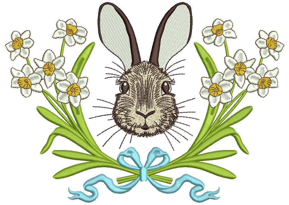 Bunny And White Daffodils Easter Filled Machine Embroidery Design Digitized Pattern