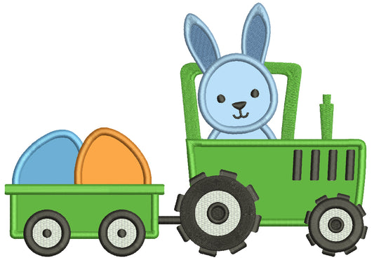 Bunny Driving Tractor And Wagon With Eggs Easter Applique Machine Embroidery Design Digitized Pattern