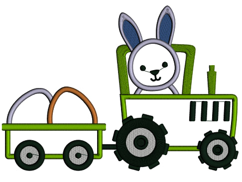 Bunny Driving Tractor And Wagon With Eggs Easter Applique Machine Embroidery Design Digitized Pattern