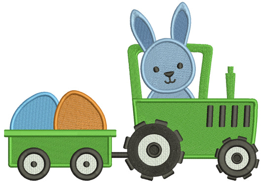 Bunny Driving Tractor And Wagon With Eggs Easter Filled Machine Embroidery Design Digitized Pattern