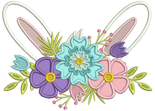 Bunny Ears And Flowers Easter Applique Machine Embroidery Design Digitized Pattern