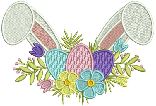Bunny Ears Easter Eggs And Flowers Filled Machine Embroidery Design Digitized Pattern