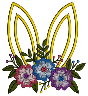 Bunny Ears With Beautiful Flowers Easter Applique Machine Embroidery Design Digitized Pattern