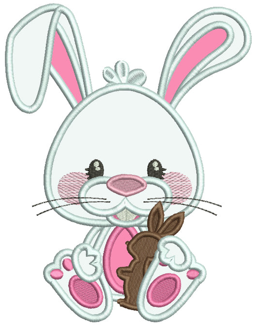 Bunny Holding Chocolate Bunny Applique Easter Machine Embroidery Design Digitized Pattern