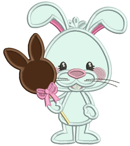 Bunny Holding Chocolate Bunny Candy Applique Easter Machine Embroidery Design Digitized Pattern