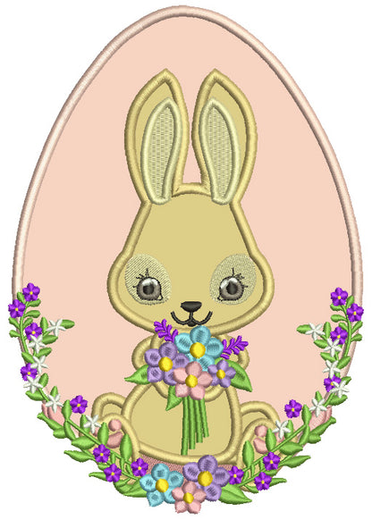Bunny Holding Flowers And Easter Egg Applique Machine Embroidery Design Digitized Pattern