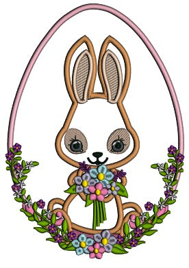 Bunny Holding Flowers And Easter Egg Applique Machine Embroidery Design Digitized Pattern