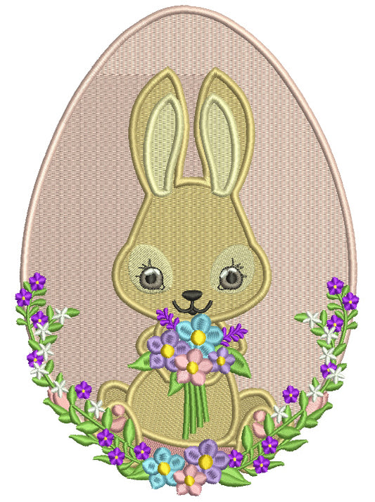 Bunny Holding Flowers And Easter Egg Filled Machine Embroidery Design Digitized Pattern