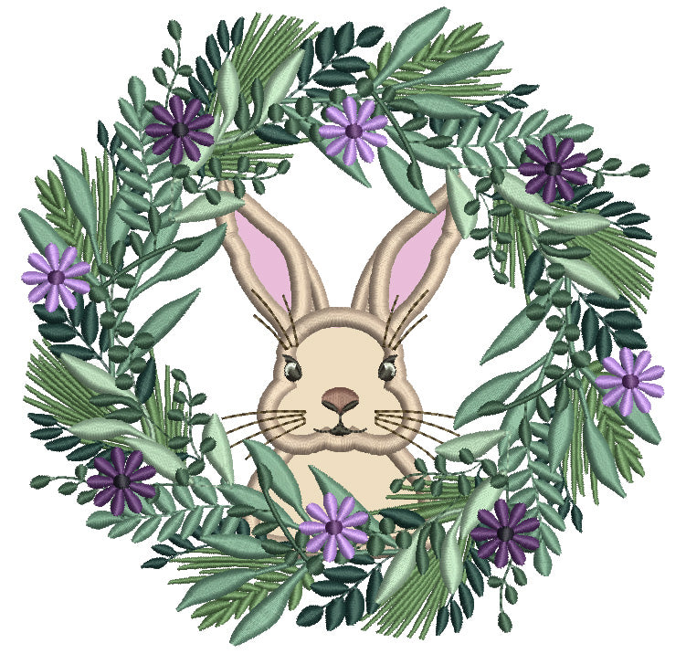 Bunny Looking Through Wreath WIth Flowers Easter Applique Machine Embroidery Design Digitized Pattern