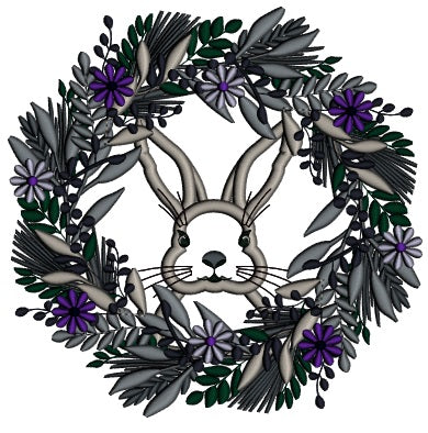 Bunny Looking Through Wreath WIth Flowers Easter Applique Machine Embroidery Design Digitized Pattern