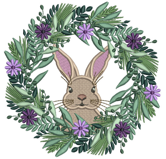 Bunny Looking Through Wreath WIth Flowers Easter Filled Machine Embroidery Design Digitized Pattern