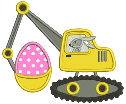 Bunny Operating Excavator With Easter Egg Applique Machine Embroidery Design Digitized Pattern