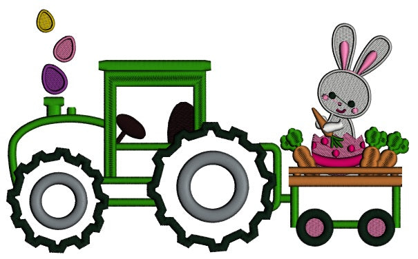 Bunny Rabbit on a Tractor Eating Carrots Applique Machine Embroidery Design Digitized Pattern
