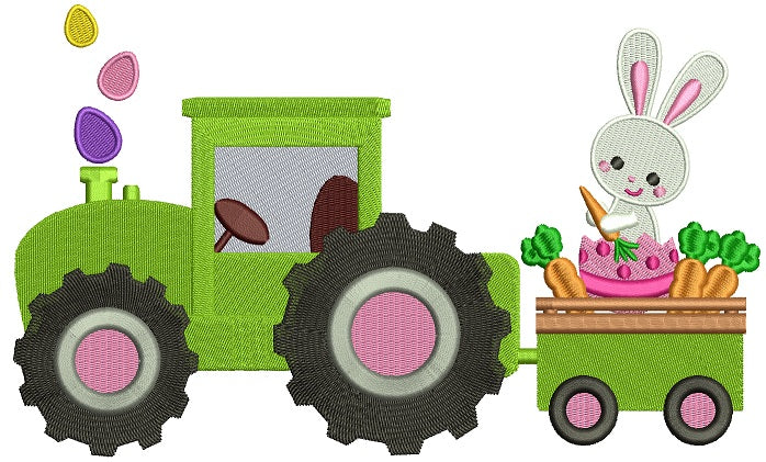 Bunny Rabbit on a Tractor Eating Carrots Filled Machine Embroidery Design Digitized Pattern