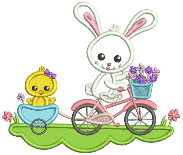 Bunny Riding A Bicycle With Little Chick Applique Easter Machine Embroidery Design Digitized Pattern