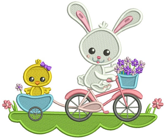 Bunny Riding A Bicycle With Little Chick Filled Easter Machine Embroidery Design Digitized Pattern