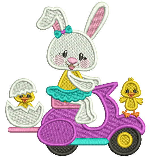 Bunny Riding Scooter With Little Chick Easter Filled Machine Embroidery Design Digitized Pattern