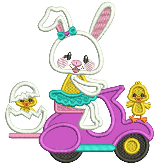 Bunny Riding Scooter With Little Chick Easter Applique Machine Embroidery Design Digitized Pattern