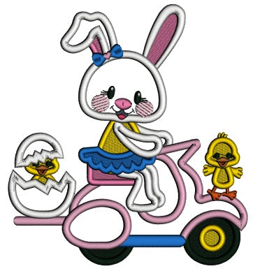 Bunny Riding Scooter With Little Chick Easter Applique Machine Embroidery Design Digitized Pattern