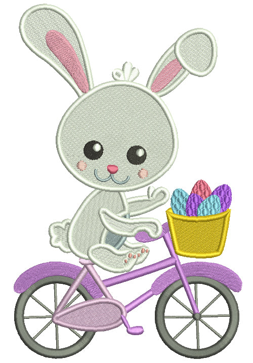 Bunny Riding a Bicycle With Basket Full Of Easter Eggs Filled Machine Embroidery Design Digitized
