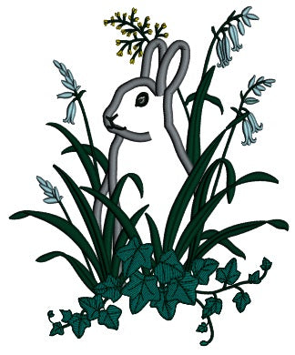 Bunny Sitting Behind Leaves And Flowers Easter Applique Machine Embroidery Design Digitized Pattern