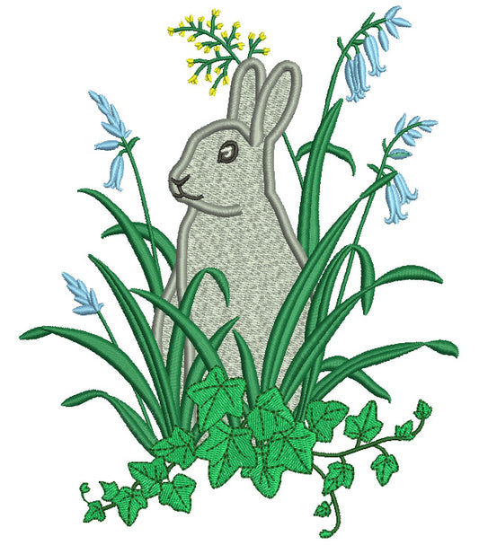 Bunny Sitting Behind Leaves And Flowers Easter Filled Machine Embroidery Design Digitized Pattern