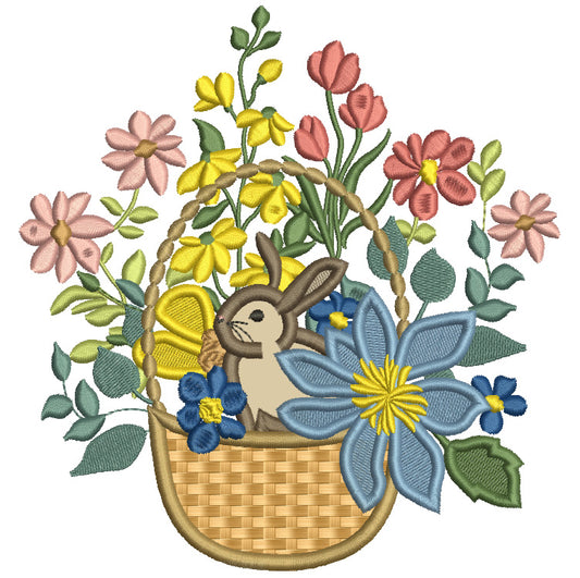 Bunny Sitting Inside Flower Basket Easter Applique Machine Embroidery Design Digitized Pattern