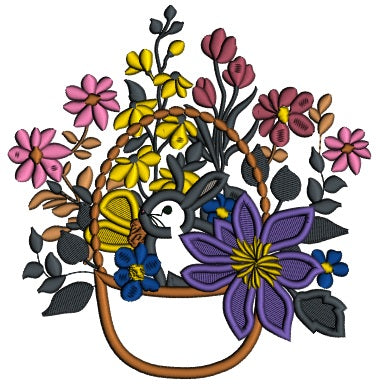 Bunny Sitting Inside Flower Basket Easter Applique Machine Embroidery Design Digitized Pattern