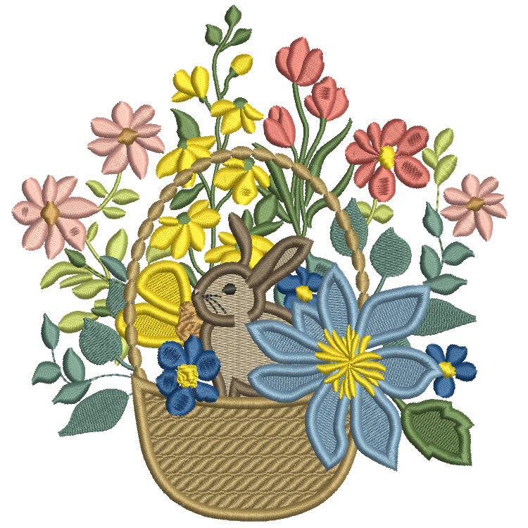 Bunny Sitting Inside Flower Basket Easter Filled Machine Embroidery Design Digitized Pattern
