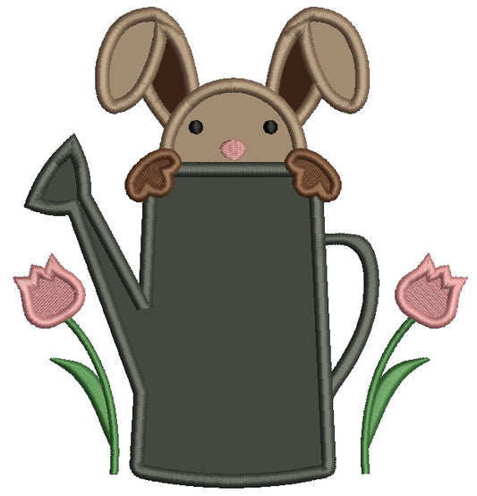 Bunny Sitting Inside Of Watering Can Easter Applique Machine Embroidery Design Digitized Pattern