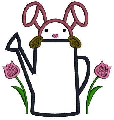 Bunny Sitting Inside Of Watering Can Easter Applique Machine Embroidery Design Digitized Pattern