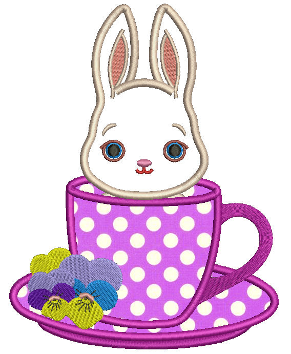 Bunny Sitting Inside Tea Cup Easter Applique Machine Embroidery Design Digitized Pattern