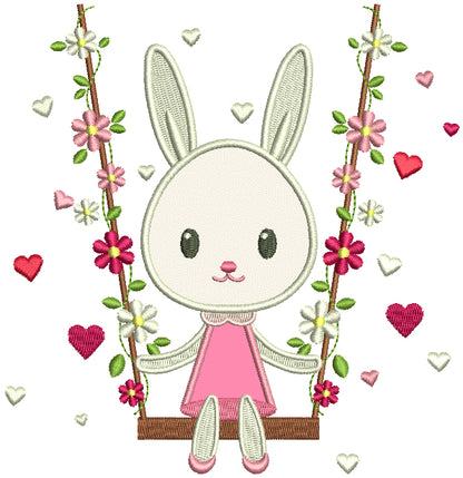 Bunny Swinging On A Swing With Flowers Applique Machine Embroidery Design Digitized Pattern