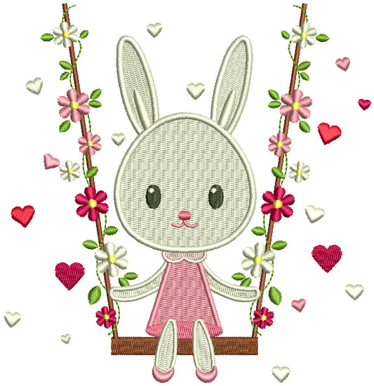 Bunny Swinging On A Swing With Flowers Filled Machine Embroidery Design Digitized Pattern