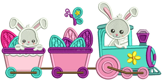 Bunny Train With Butterfly And Easter Eggs Applique Machine Embroidery Design Digitized Patterny