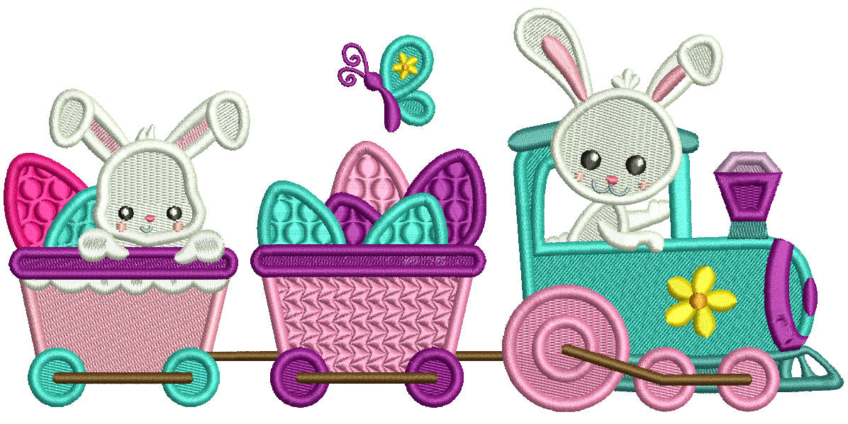 Bunny Train With Butterfly And Easter Eggs Filled Machine Embroidery Design Digitized Patterny