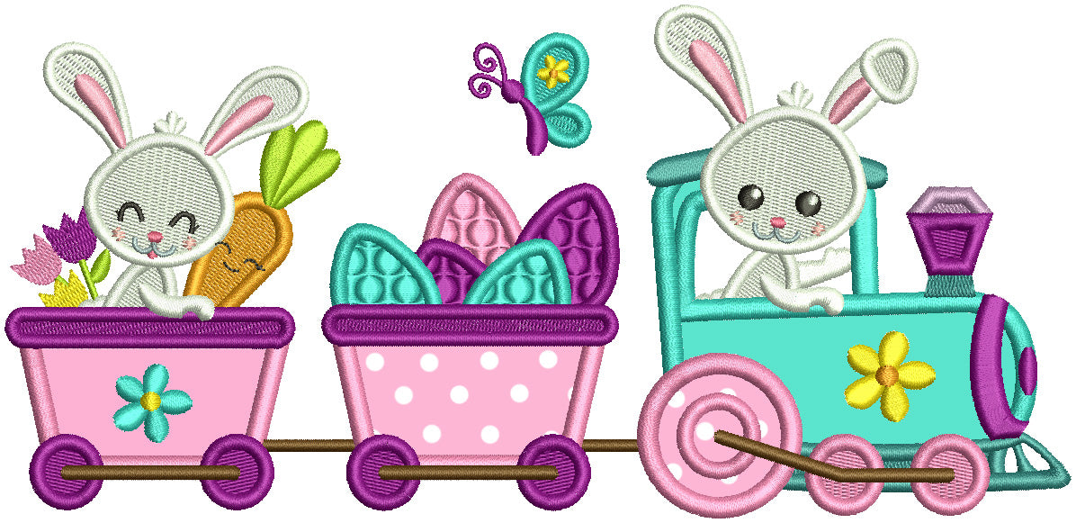 Bunny Train With Carrots And Easter Eggs Applique Machine Embroidery Design Digitized Pattern