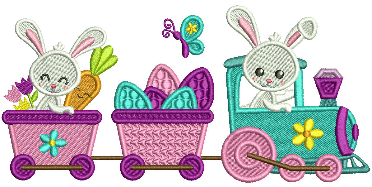 Bunny Train With Carrots And Easter Eggs Filled Machine Embroidery Design Digitized Pattern